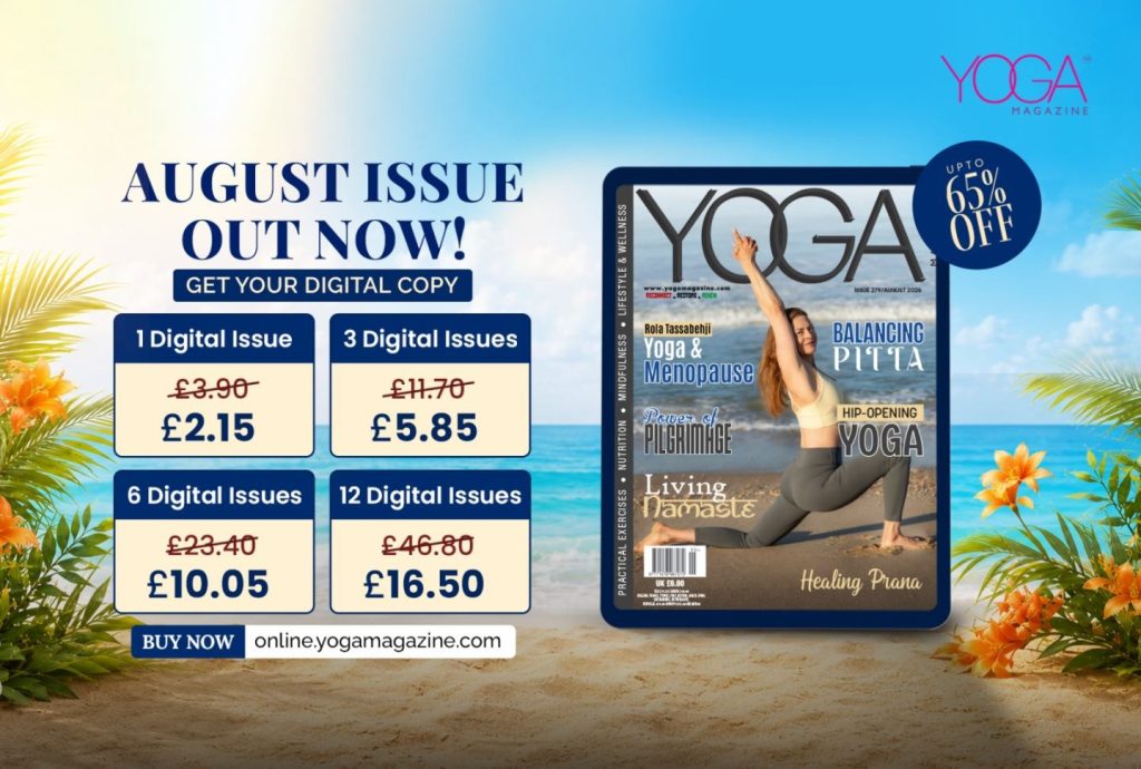 Yoga Magazine August 2026 issue promotional banner – up to 65% off digital subscriptions