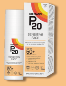 Riemann P20 Sensitive Face SPF50+ sunscreen bottle and packaging