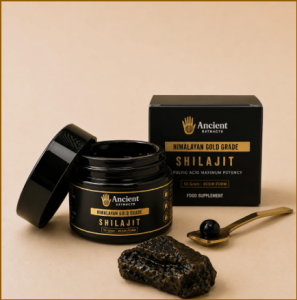 Ancient Extracts Himalayan Gold Grade Shilajit Resin jar, box and spoon