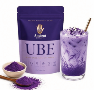 Ancient Extracts Ritual Grade Purple Ube Yam Powder pouch, bowl of powder and purple drink